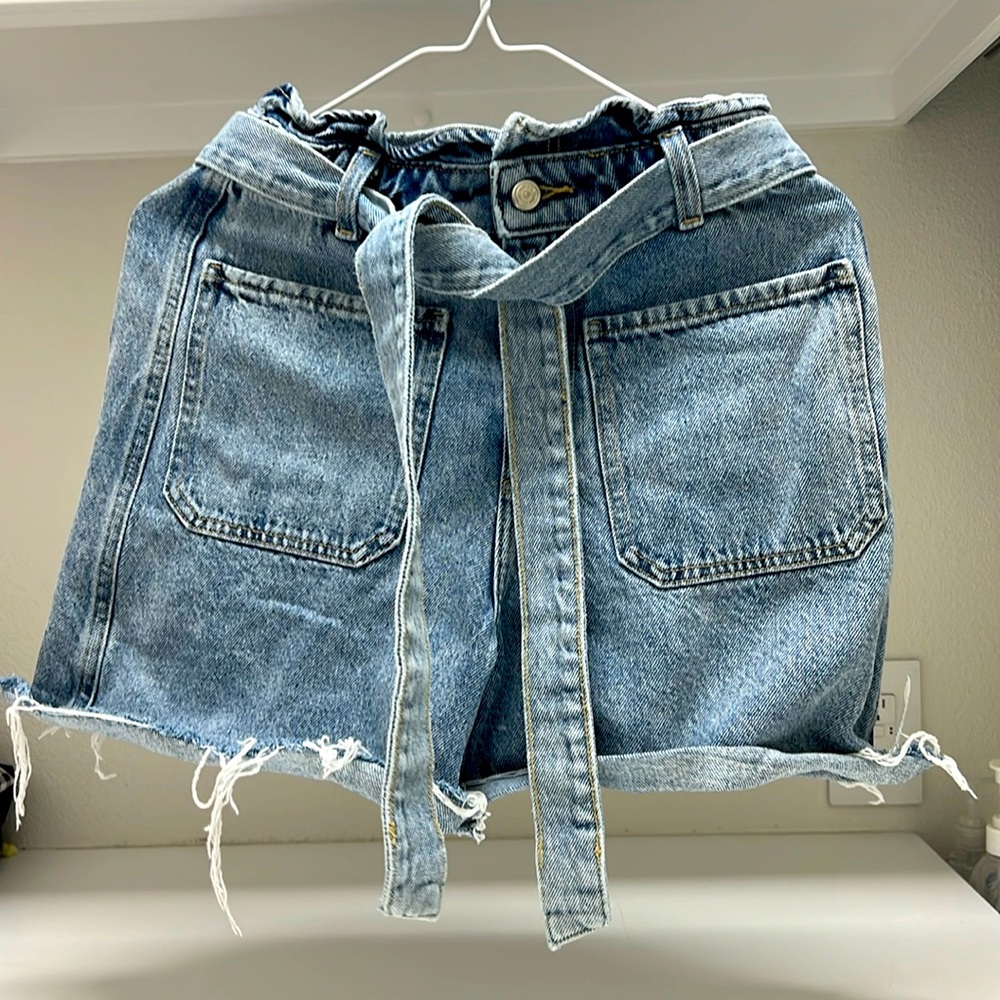 Denim Zara Paperbag Waist Belted Shorts